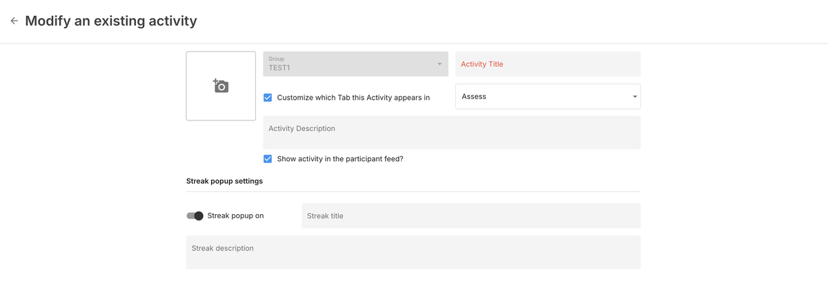 Activity common settings form showing group, title, icon, tab placement, description, feed visibility, and streak popup