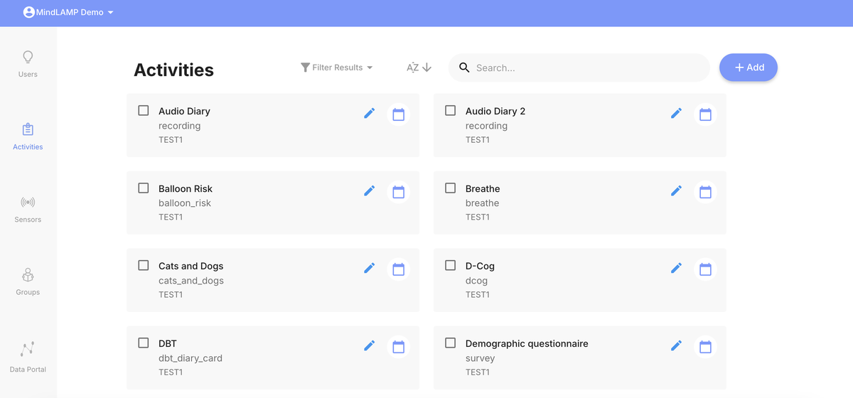 Activities tab in the dashboard