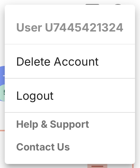 Profile dropdown showing User ID, Delete Account, Logout, Help and Support, and Contact Us