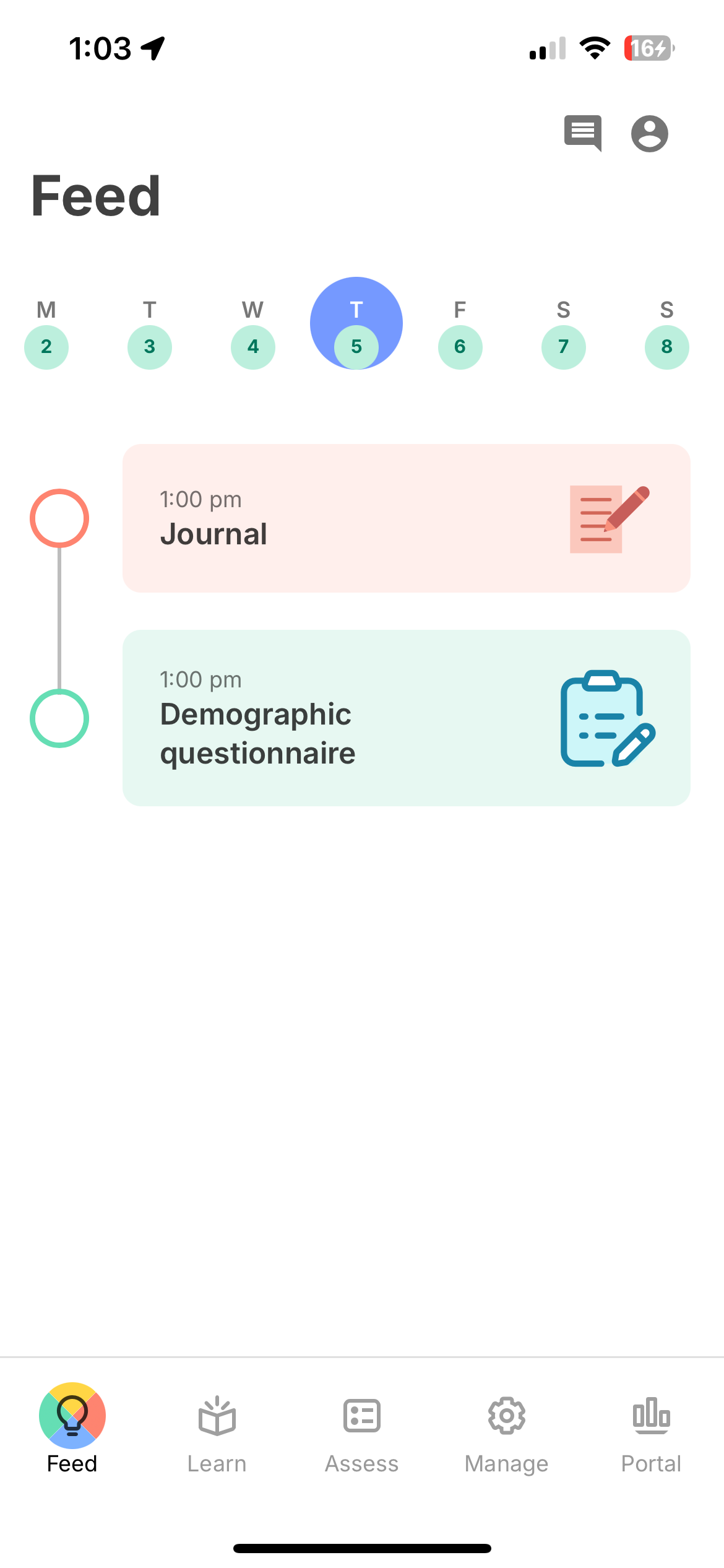 Feed tab showing scheduled activities with a week view and activity cards
