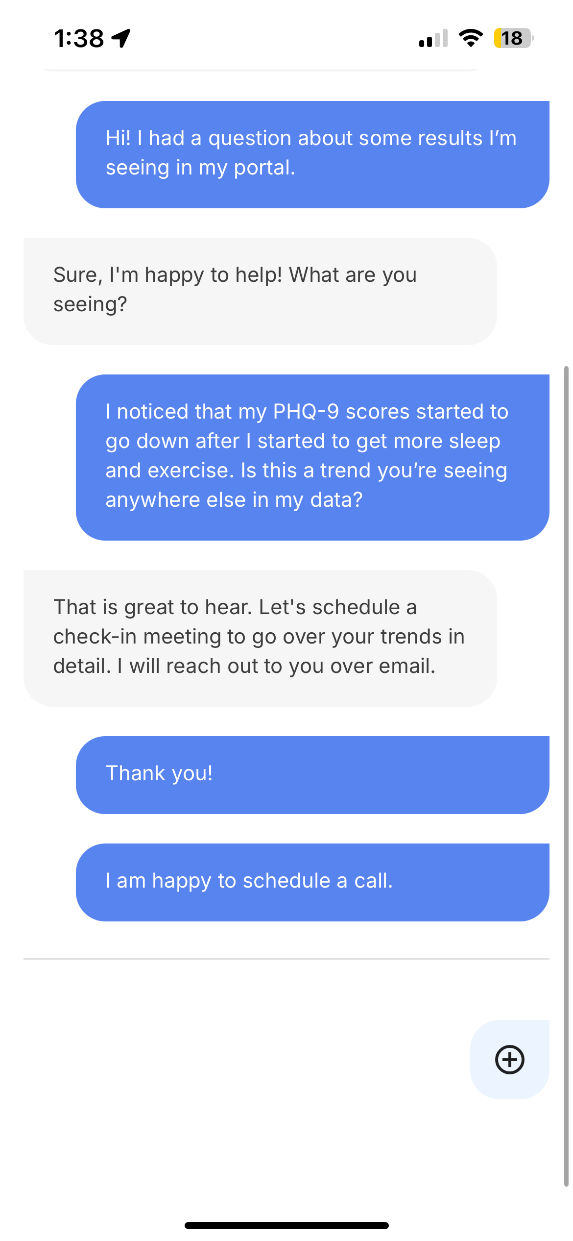 Chat interface showing a conversation between a participant and study coordinator