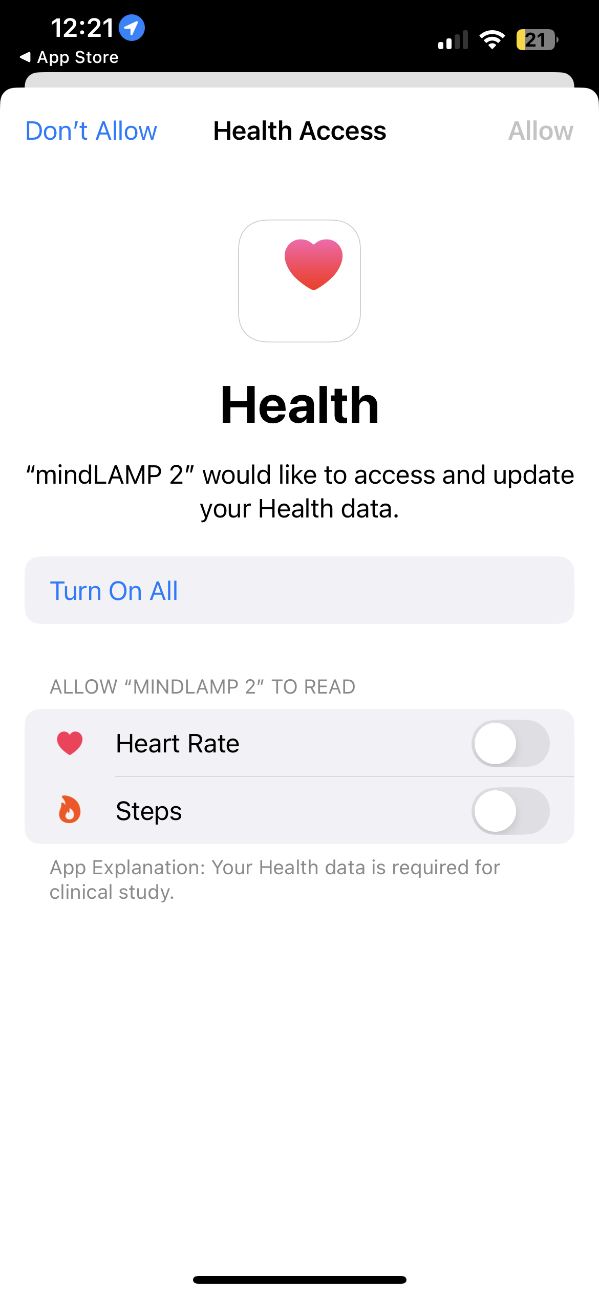 HealthKit permission prompt — select Turn On All