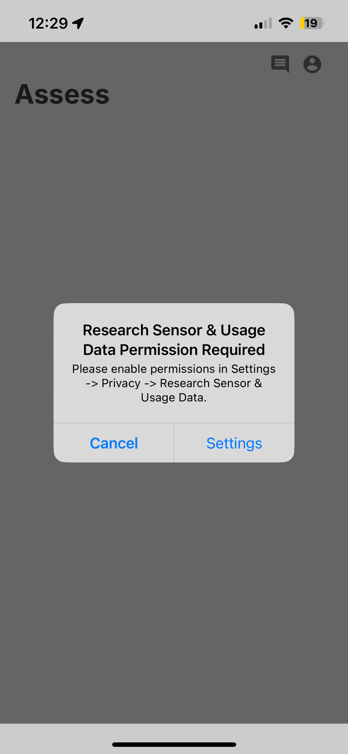 Research Sensor & Usage Data permission prompt