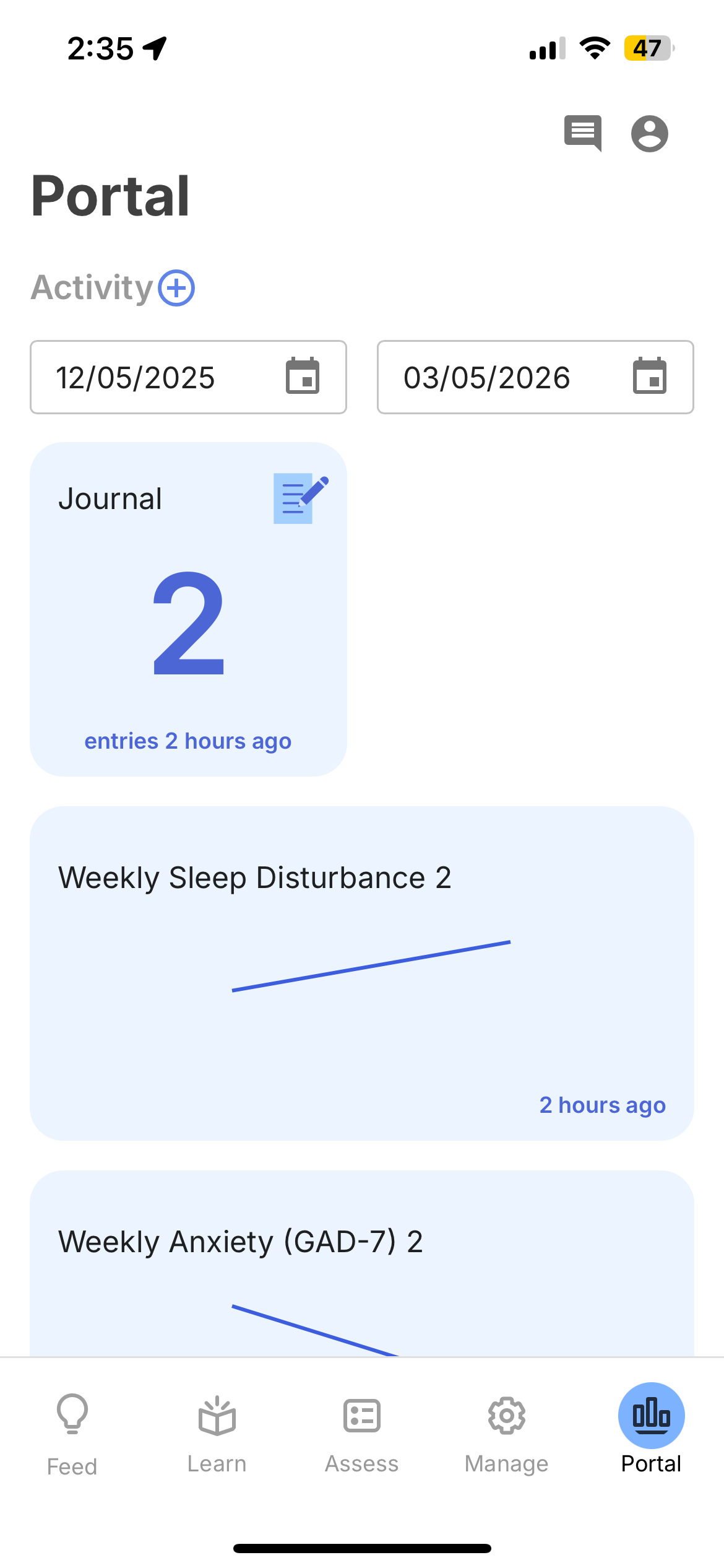 Portal Activity section showing Journal entry count, Weekly Sleep Disturbance trend line, and Weekly Anxiety (GAD-7) trend line