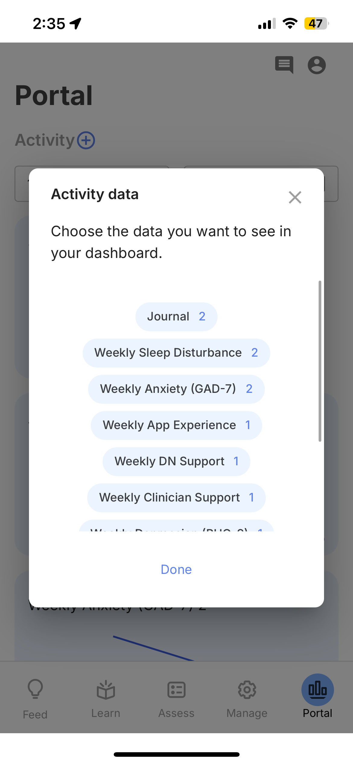 Activity data picker showing available activities with data point counts