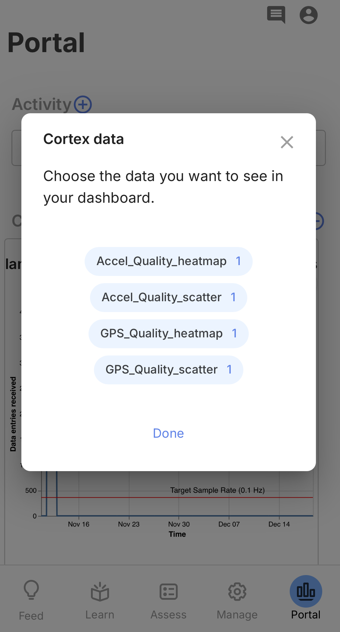 Cortex data picker showing available visualizations like GPS and accelerometer quality charts