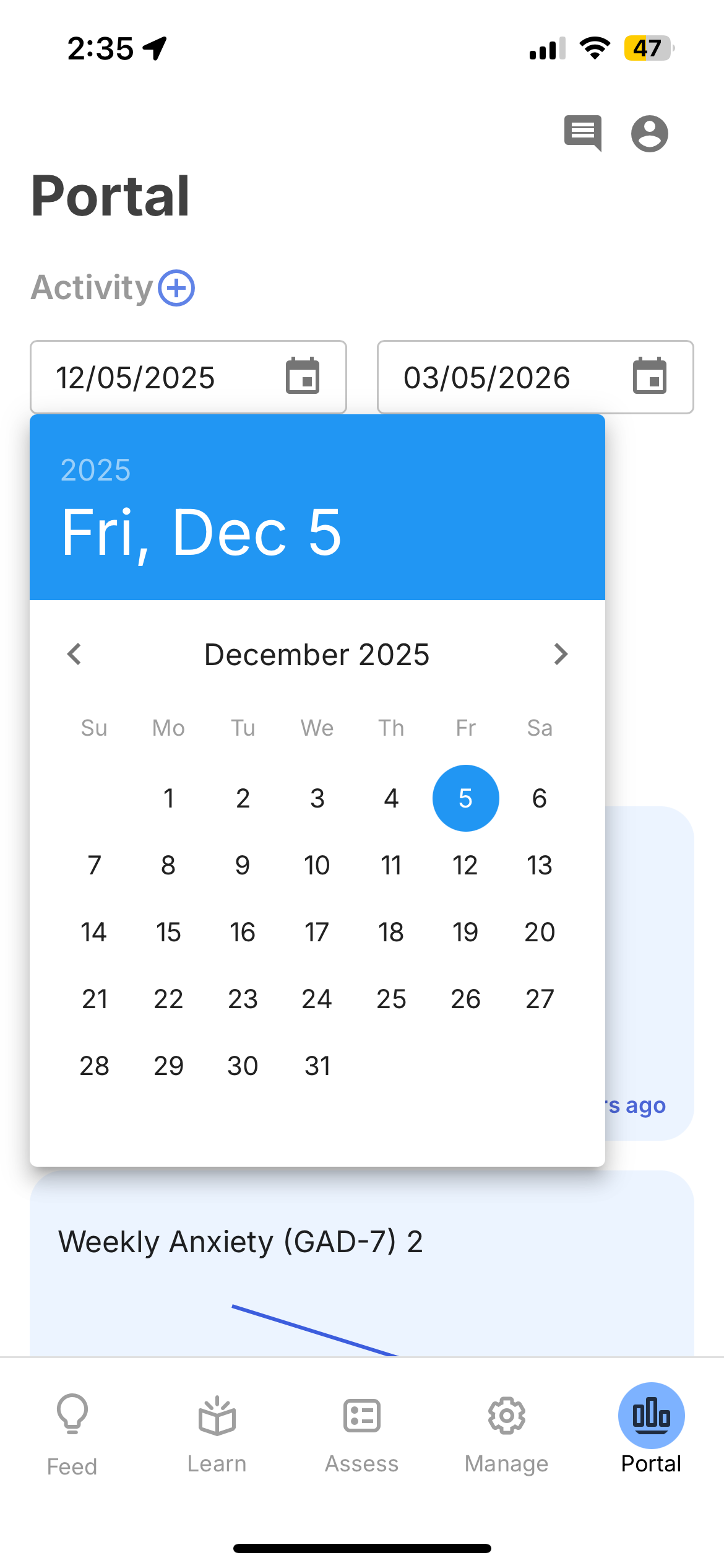 Calendar date picker for filtering Portal data by date range
