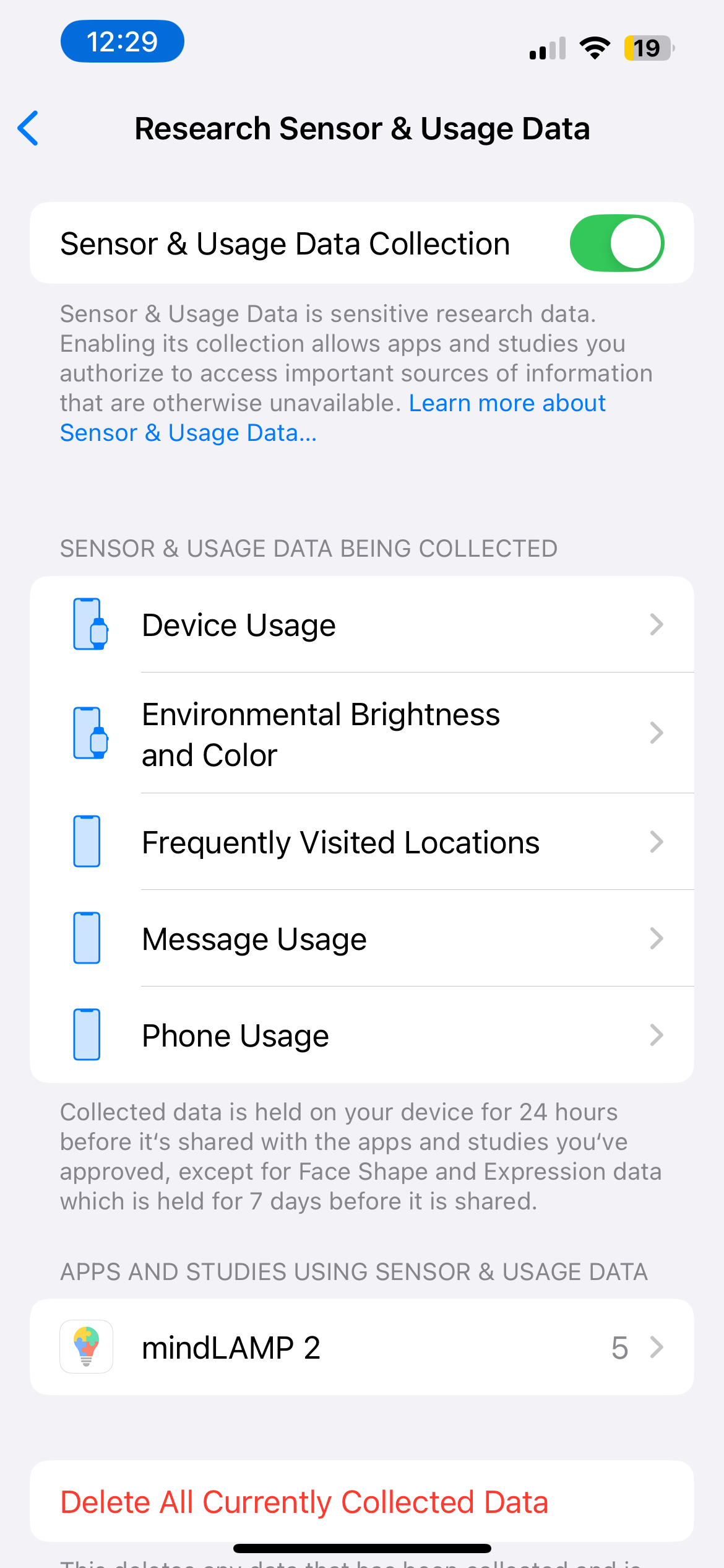 Research Sensor & Usage Data settings