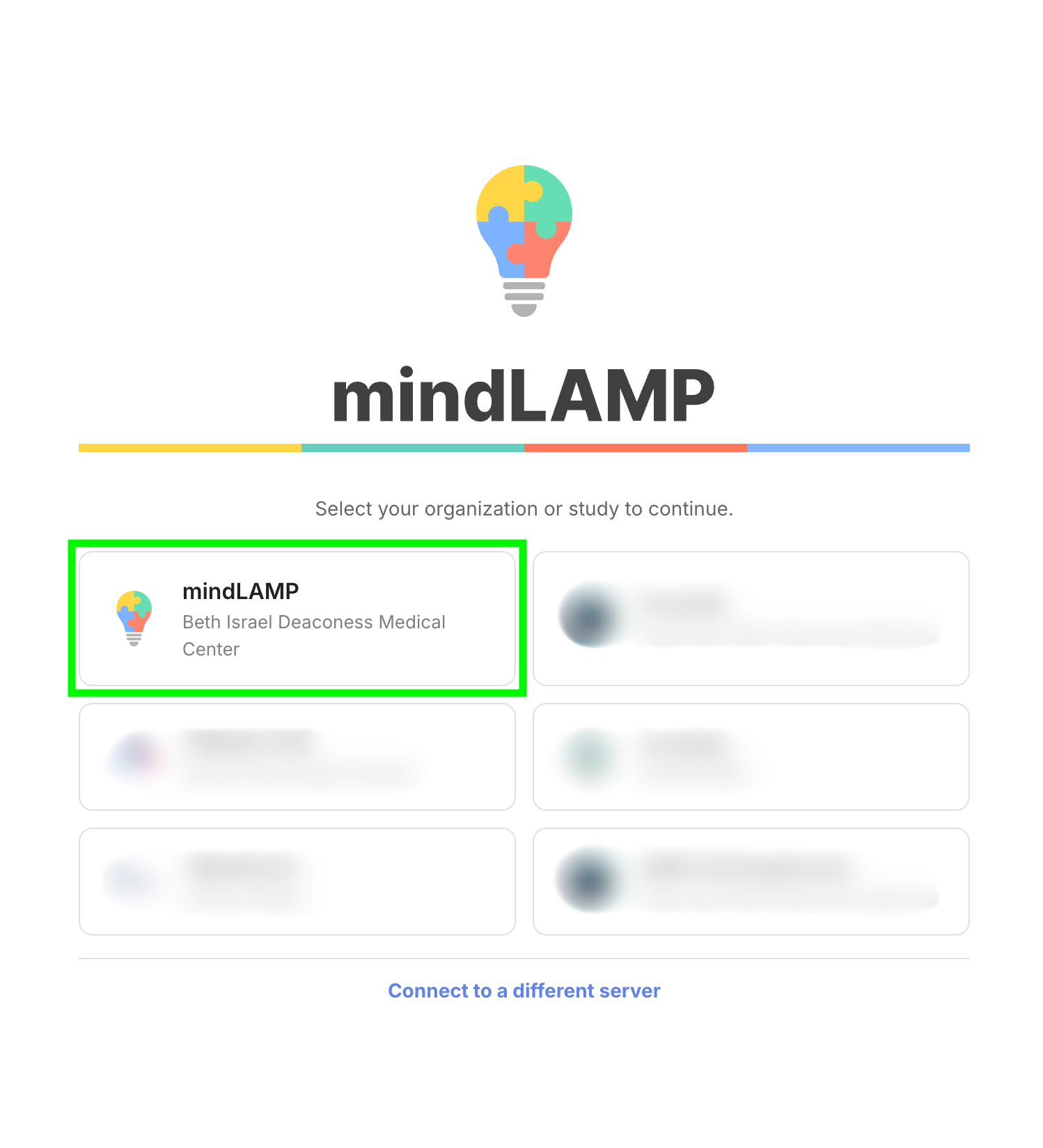 The mindLAMP sign-in screen: organization cards with a highlighted mindLAMP / BIDMC card and a "Connect to a different server" option at the bottom