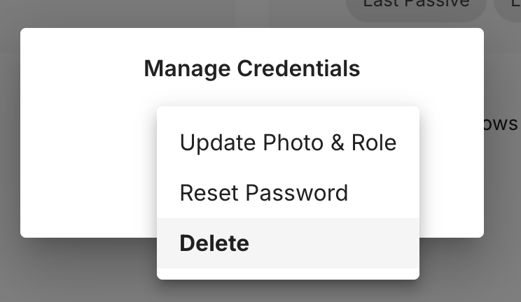 Credential context menu with Update Photo &amp; Role, Reset Password, and Delete options