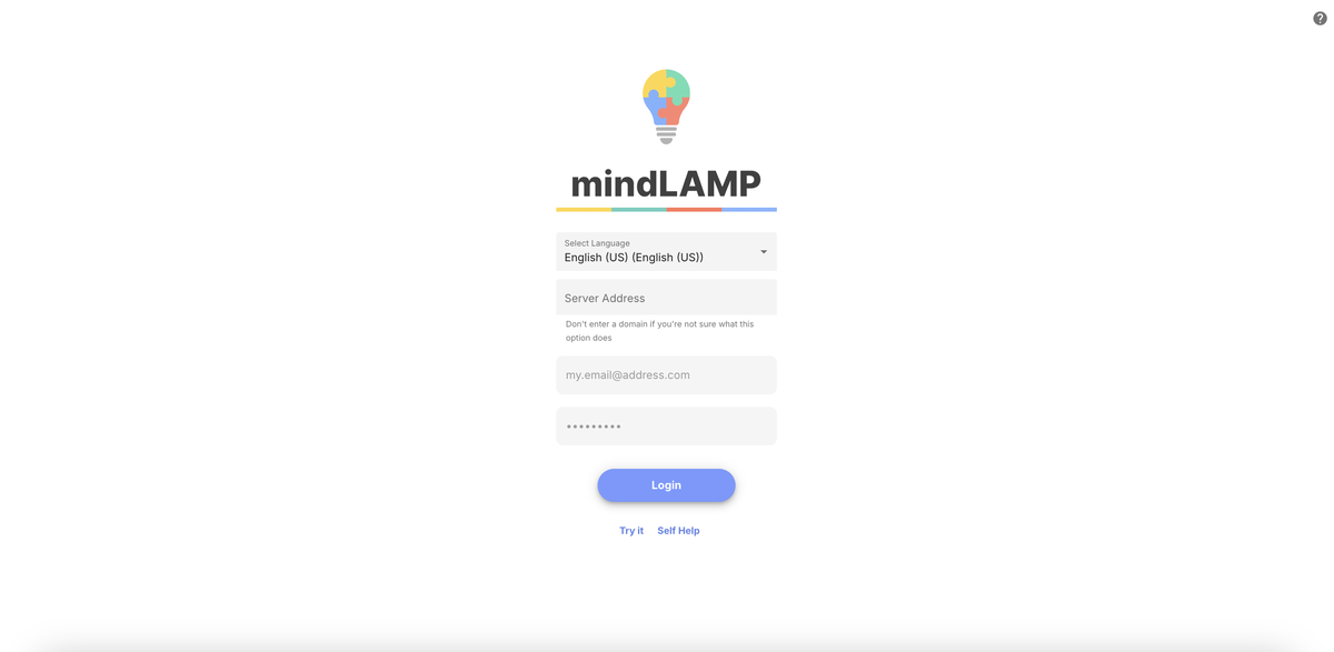 The mindLAMP dashboard login page with language selector, server address, email and password fields, and Login button