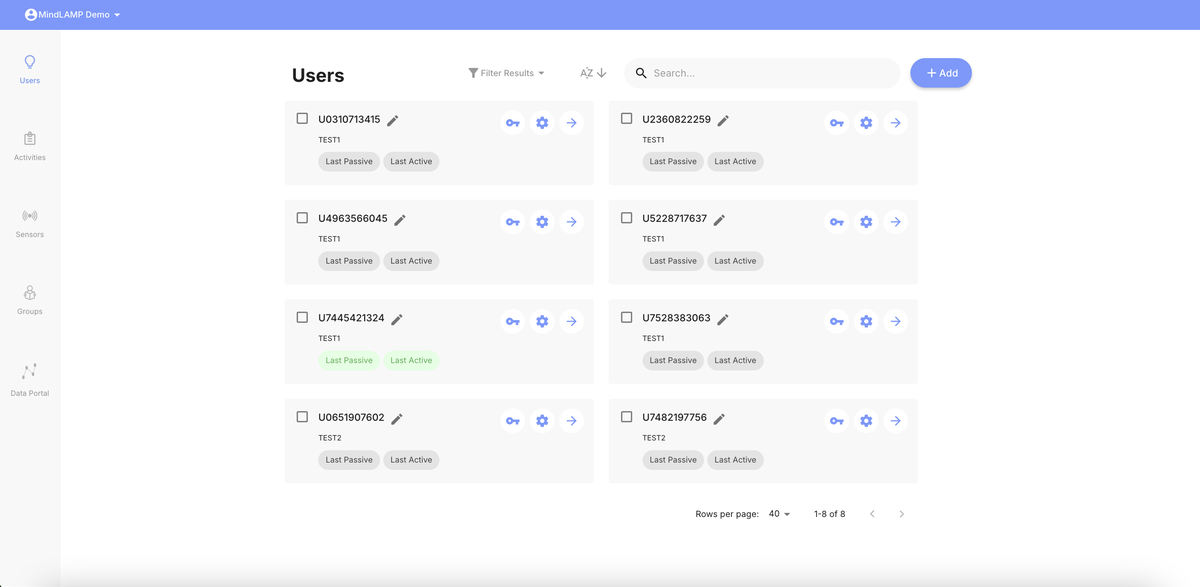 The Users tab showing participant cards with data quality indicators, search bar, filter, and + Add button