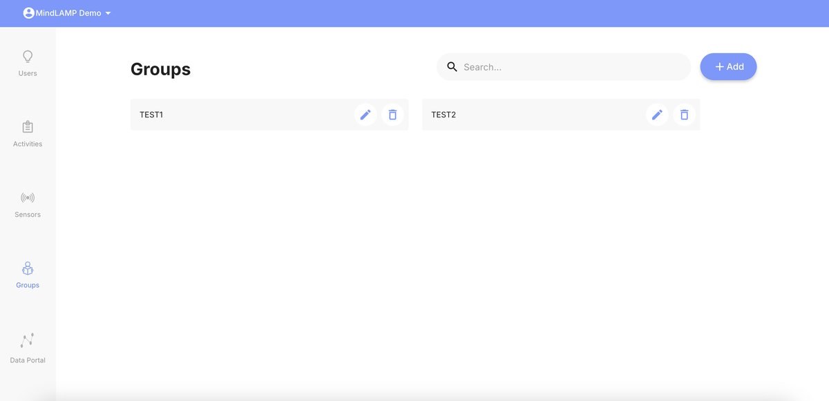 The Groups tab showing group cards with rename and delete icons