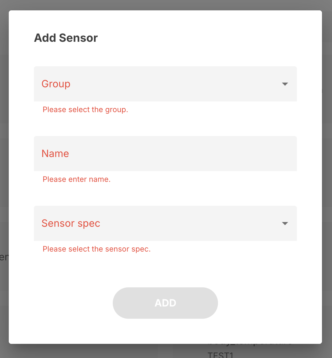 Add Sensor dialog with Group, Name, and Sensor spec fields