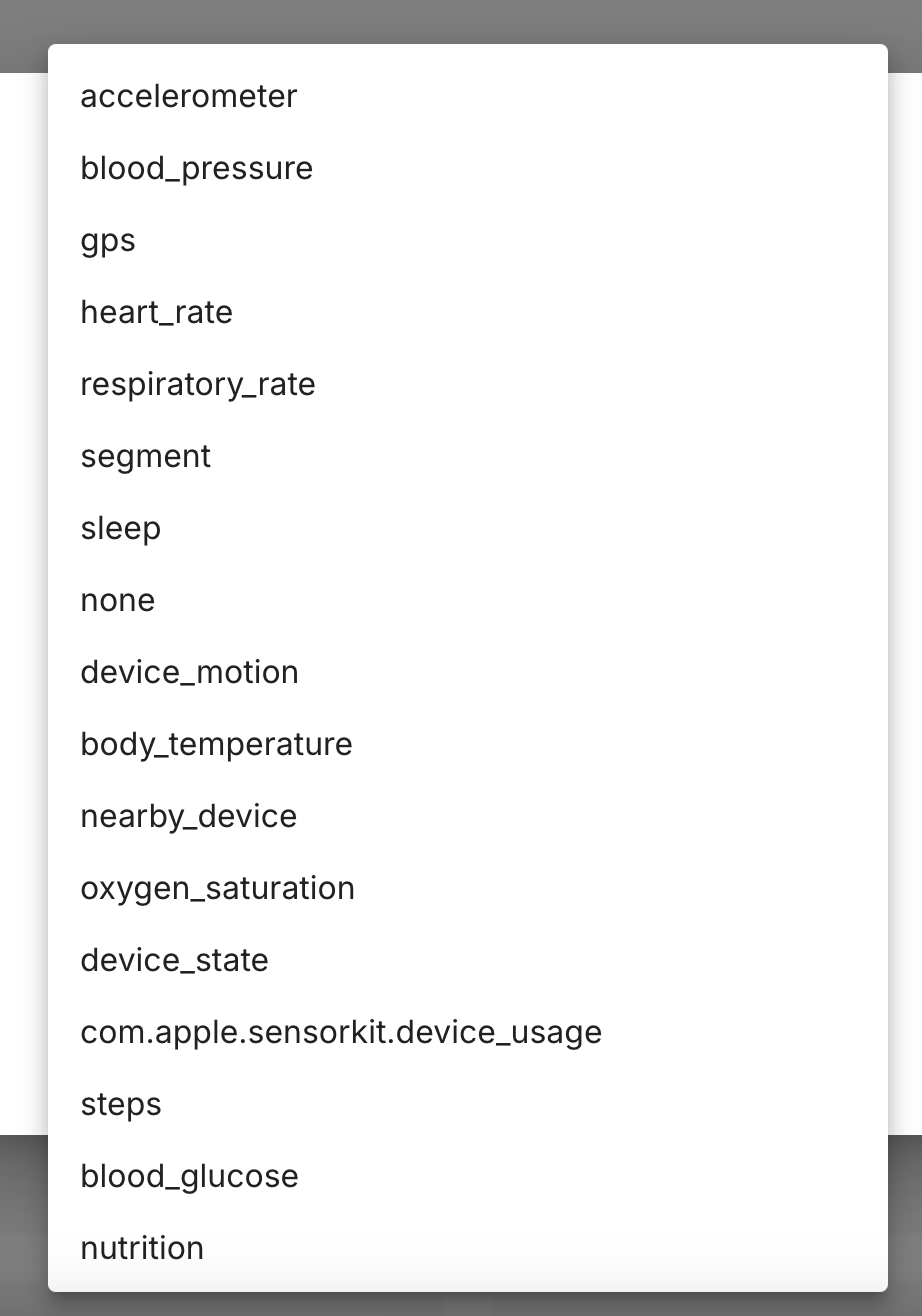 Sensor spec dropdown showing all available sensor types