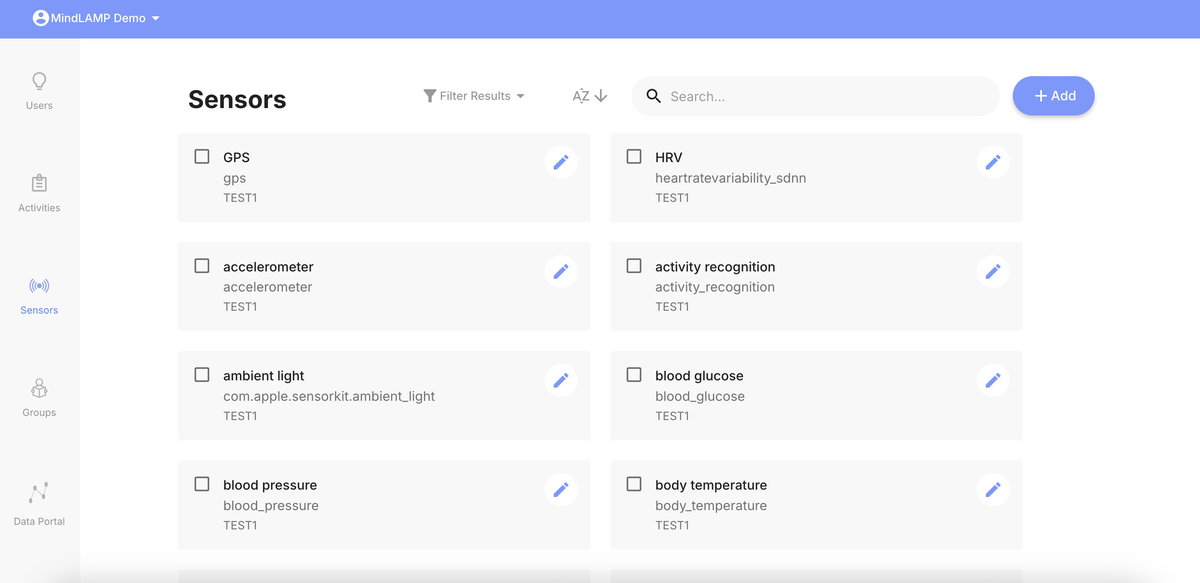 The Sensors tab showing sensor cards with name, type, group, and edit icons