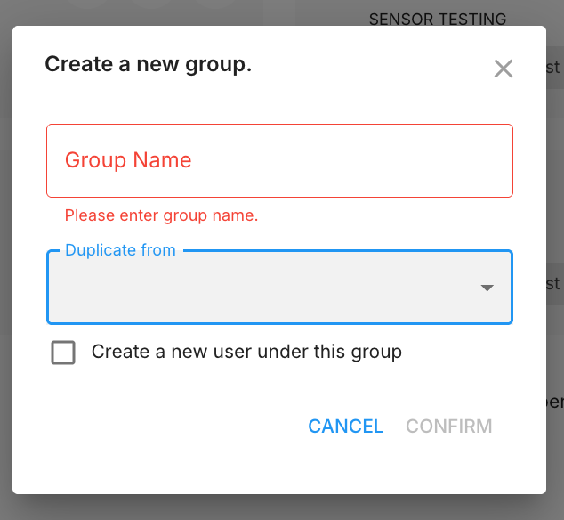 Full Create a new group dialog with Duplicate from dropdown and Create a new user checkbox