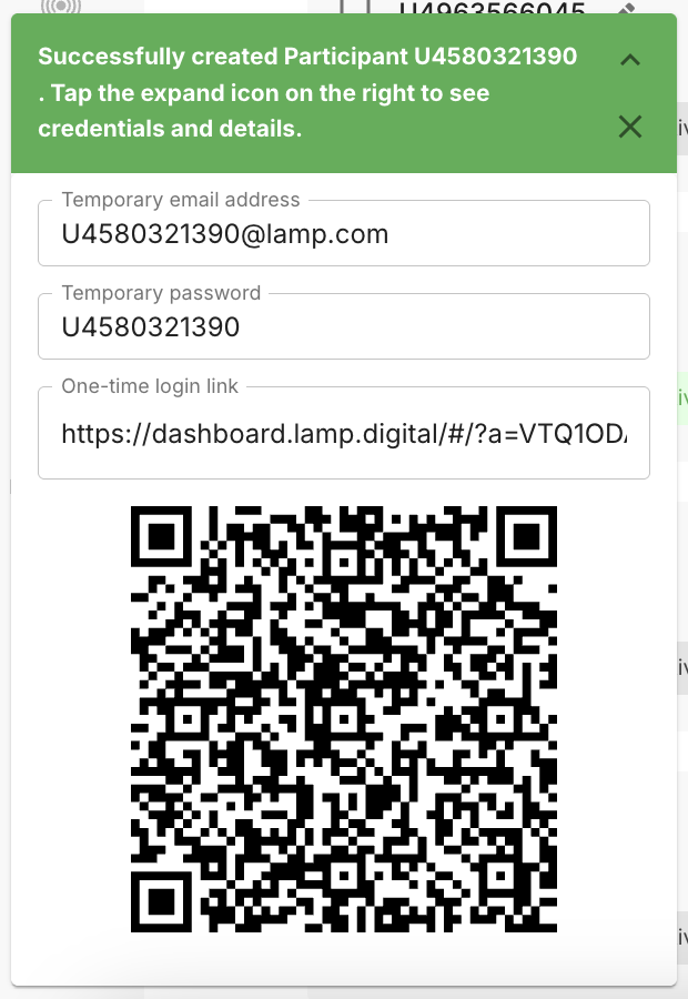 Participant creation success showing temporary email, password, one-time login link, and QR code