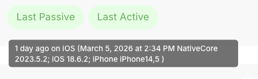 Last Active tooltip showing timestamp, device, and app version details