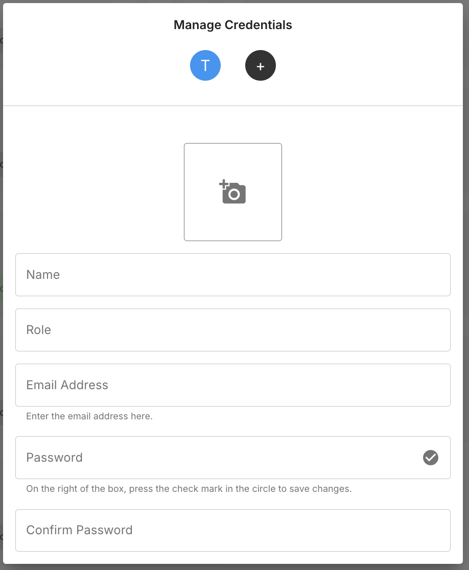 Manage Credentials form with Name, Role, Email Address, Password, and Confirm Password fields