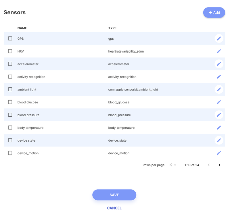 Sensors table showing Name and Type columns with edit icons